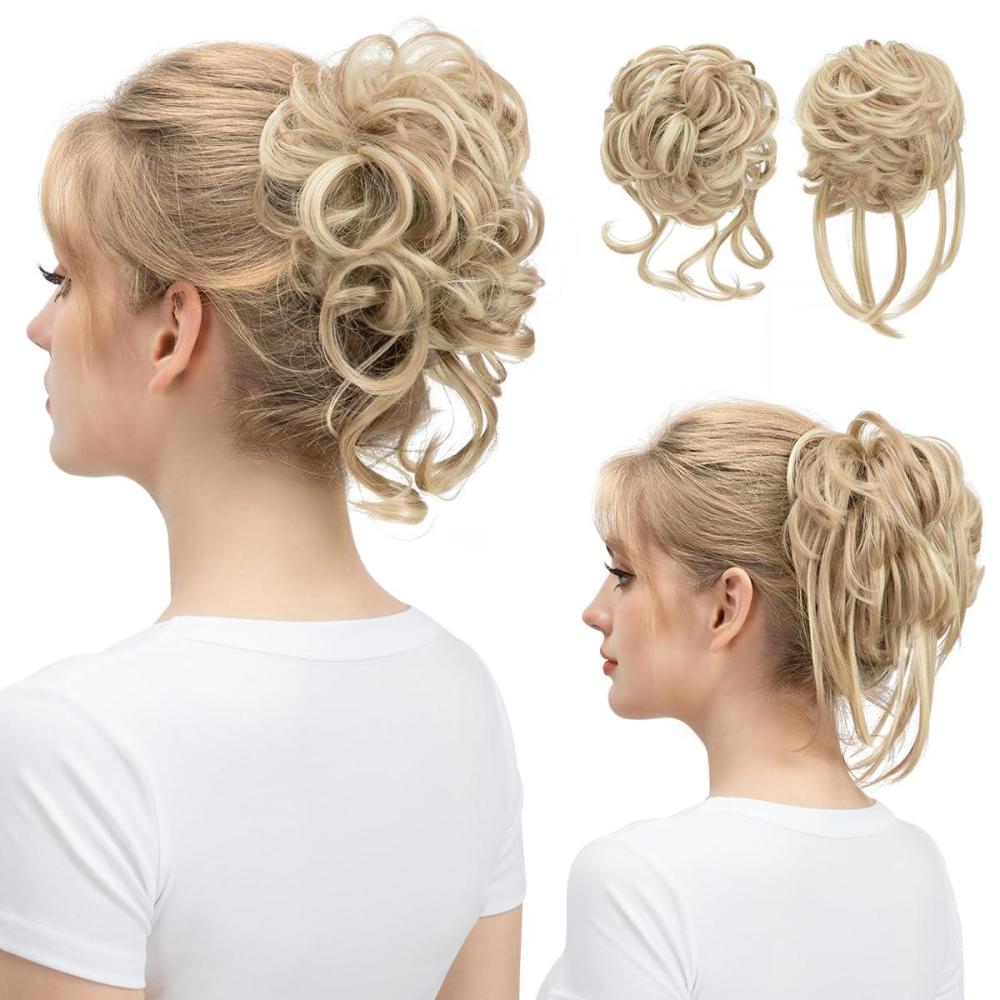 imageSARLA 2PCS Blonde Messy Bun Hair Pieces for Women Detachable Claw Clip Wavy Curly Synthetic Hairpieces for Updos with Tendrils Fake Scrunchies Ponytail Extension Dirty Blonde2PCSDirty BlondeNo Clip