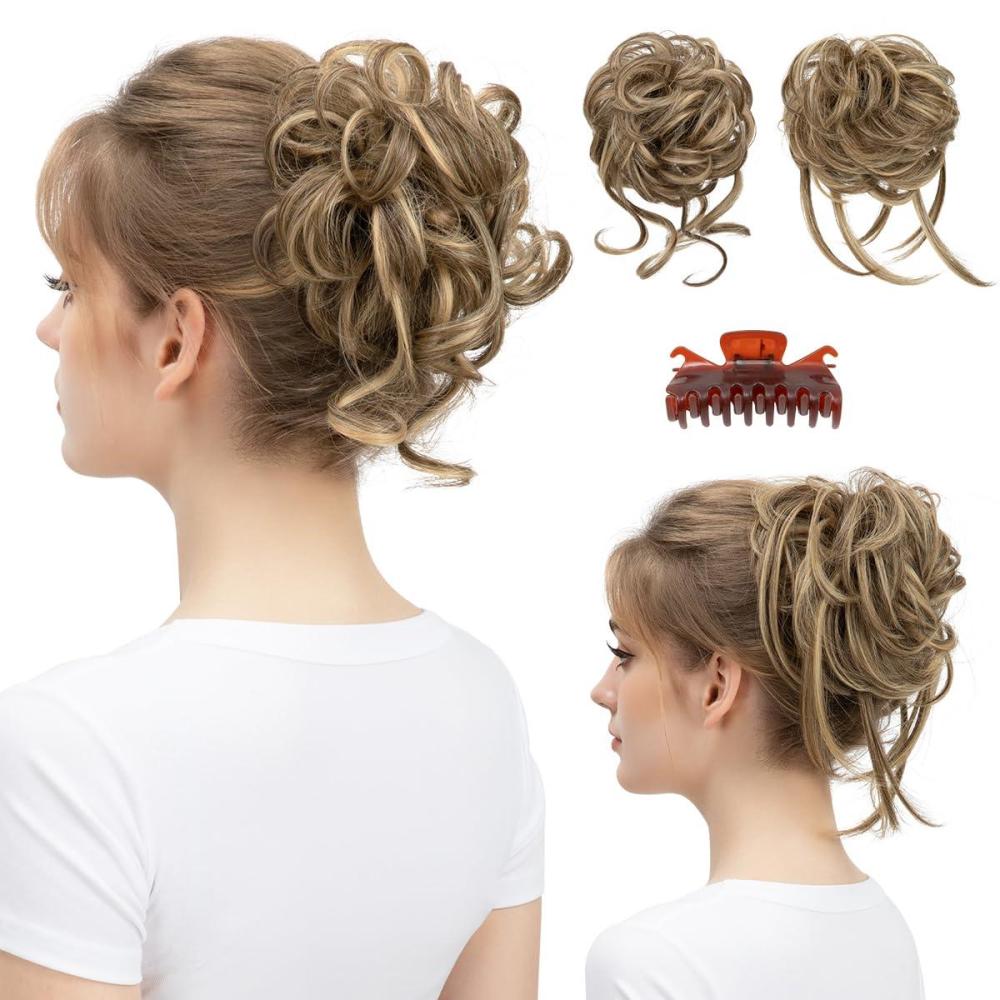 imageSARLA 2PCS Blonde Messy Bun Hair Pieces for Women Detachable Claw Clip Wavy Curly Synthetic Hairpieces for Updos with Tendrils Fake Scrunchies Ponytail Extension Dirty Blonde2PCSBernstein
