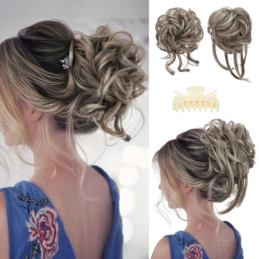 imageSARLA 2PCS Blonde Messy Bun Hair Pieces for Women Detachable Claw Clip Wavy Curly Synthetic Hairpieces for Updos with Tendrils Fake Scrunchies Ponytail Extension Dirty Blonde2PCSAsh Grey
