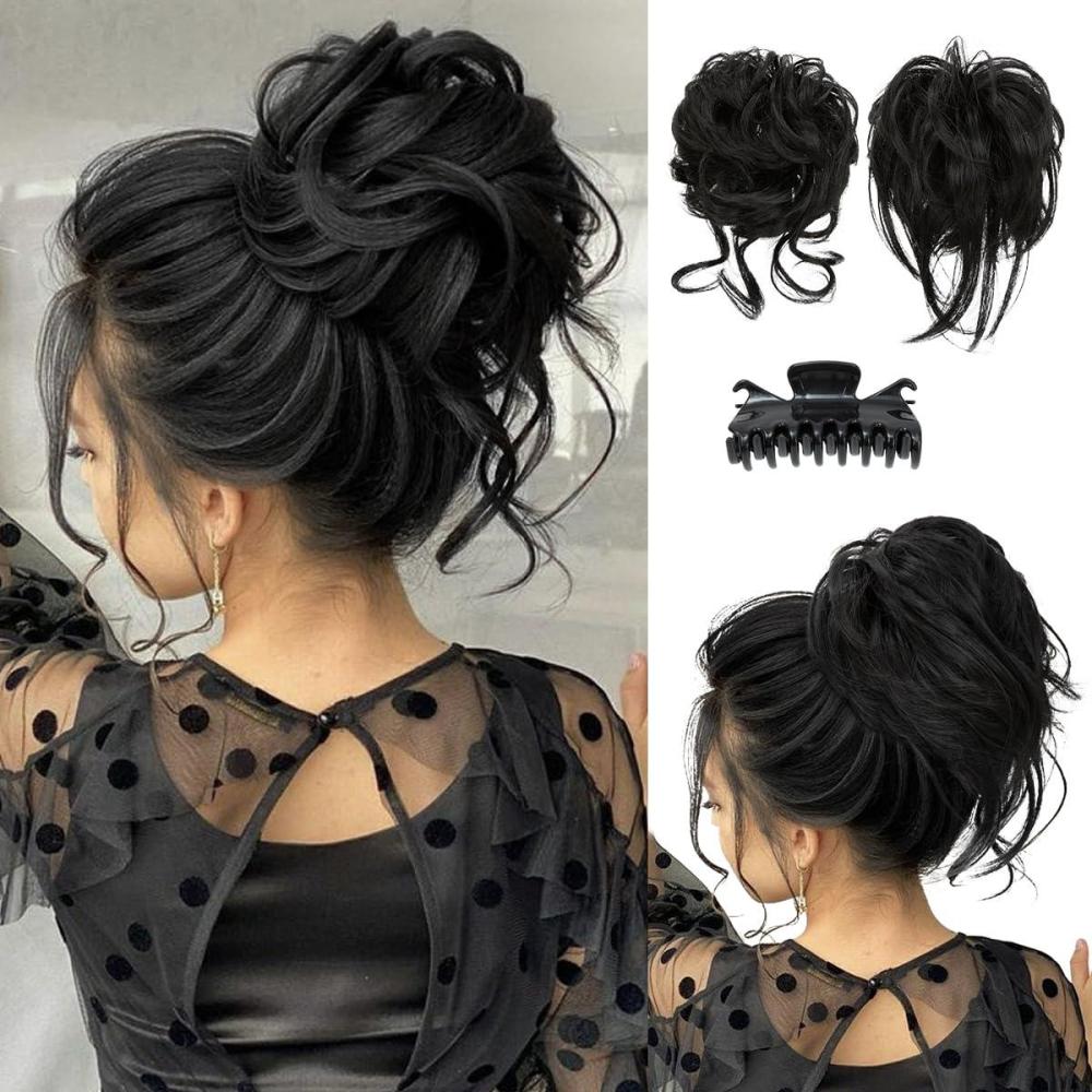 imageSARLA 2PCS Blonde Messy Bun Hair Pieces for Women Detachable Claw Clip Wavy Curly Synthetic Hairpieces for Updos with Tendrils Fake Scrunchies Ponytail Extension Dirty Blonde2PCSBlack
