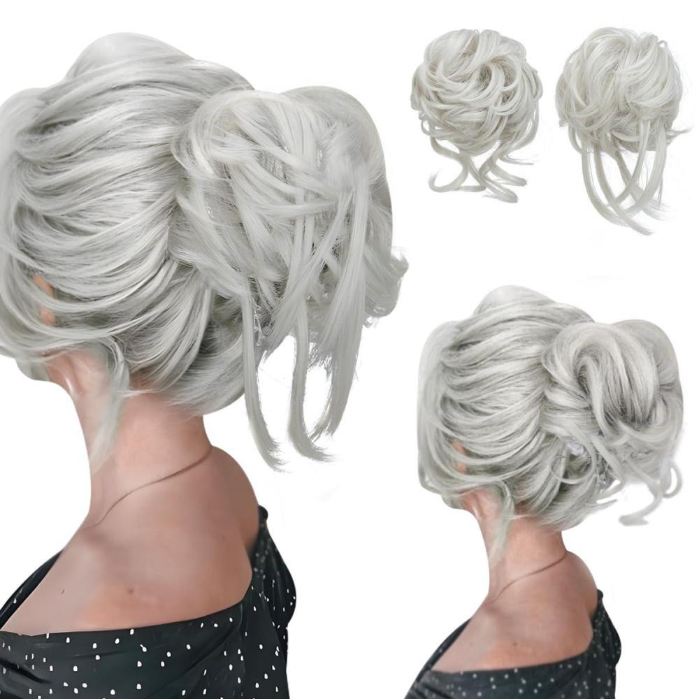 imageSARLA 2PCS Blonde Messy Bun Hair Pieces for Women Detachable Claw Clip Wavy Curly Synthetic Hairpieces for Updos with Tendrils Fake Scrunchies Ponytail Extension Dirty Blonde2PCSWhiteNo Clip