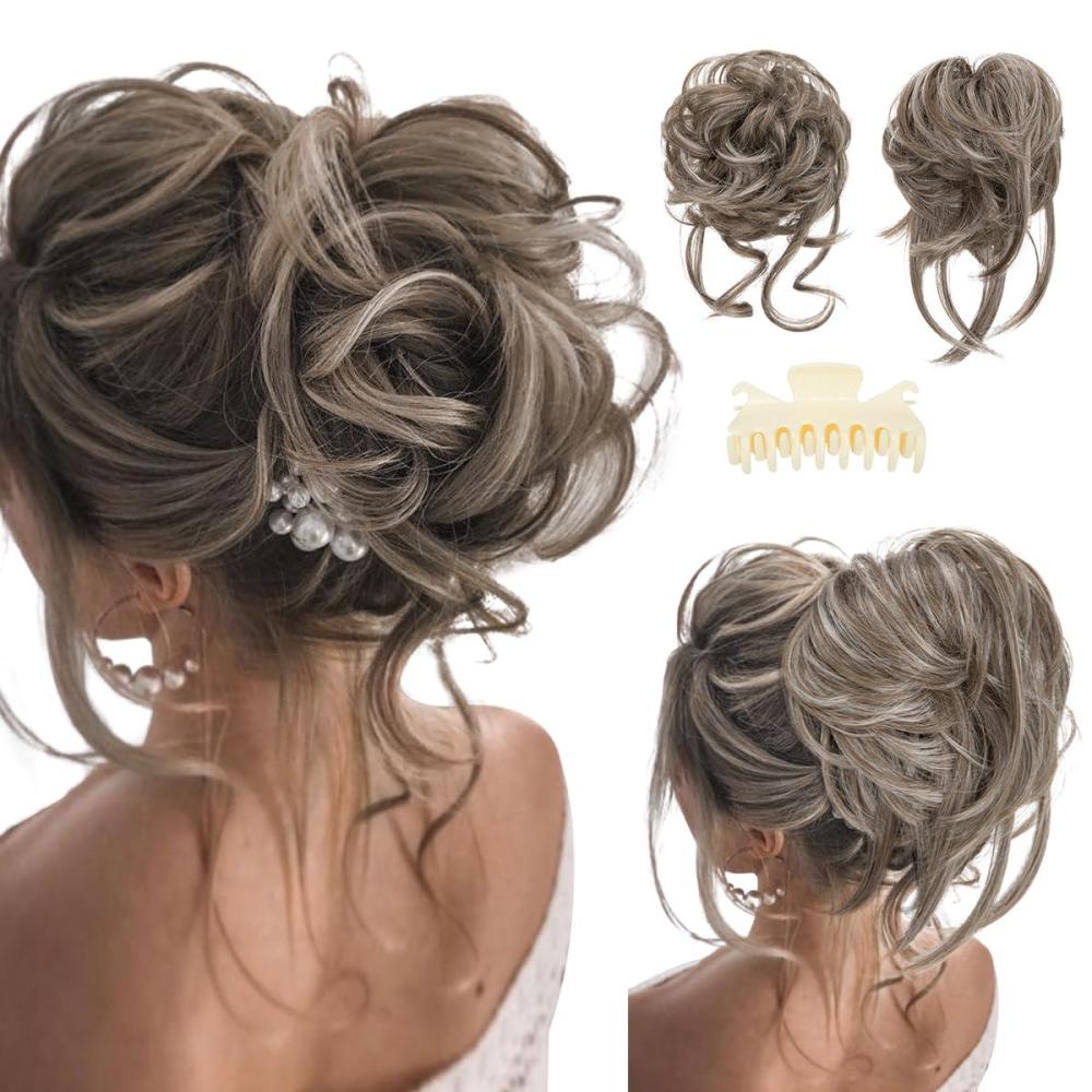 imageSARLA 2PCS Blonde Messy Bun Hair Pieces for Women Detachable Claw Clip Wavy Curly Synthetic Hairpieces for Updos with Tendrils Fake Scrunchies Ponytail Extension Dirty Blonde2PCSMiddle Grey