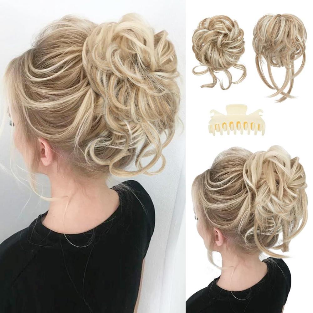 imageSARLA 2PCS Blonde Messy Bun Hair Pieces for Women Detachable Claw Clip Wavy Curly Synthetic Hairpieces for Updos with Tendrils Fake Scrunchies Ponytail Extension Dirty Blonde2PCSSunny Blonde