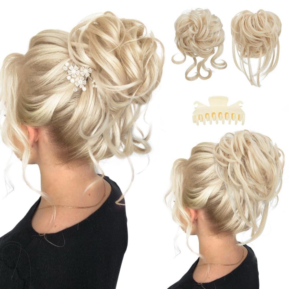 imageSARLA 2PCS Blonde Messy Bun Hair Pieces for Women Detachable Claw Clip Wavy Curly Synthetic Hairpieces for Updos with Tendrils Fake Scrunchies Ponytail Extension Dirty Blonde2PCSLight Champagne