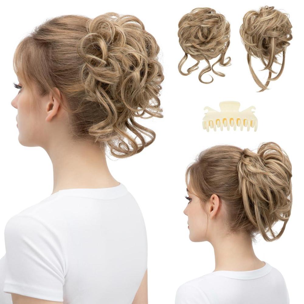 imageSARLA 2PCS Blonde Messy Bun Hair Pieces for Women Detachable Claw Clip Wavy Curly Synthetic Hairpieces for Updos with Tendrils Fake Scrunchies Ponytail Extension Dirty Blonde2PCSSand