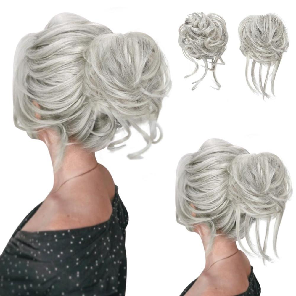 imageSARLA 2PCS Blonde Messy Bun Hair Pieces for Women Detachable Claw Clip Wavy Curly Synthetic Hairpieces for Updos with Tendrils Fake Scrunchies Ponytail Extension Dirty Blonde2PCSGrey MultiNo Clip