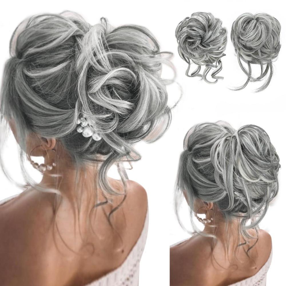 imageSARLA 2PCS Blonde Messy Bun Hair Pieces for Women Detachable Claw Clip Wavy Curly Synthetic Hairpieces for Updos with Tendrils Fake Scrunchies Ponytail Extension Dirty Blonde2PCSDark GreyNo Clip