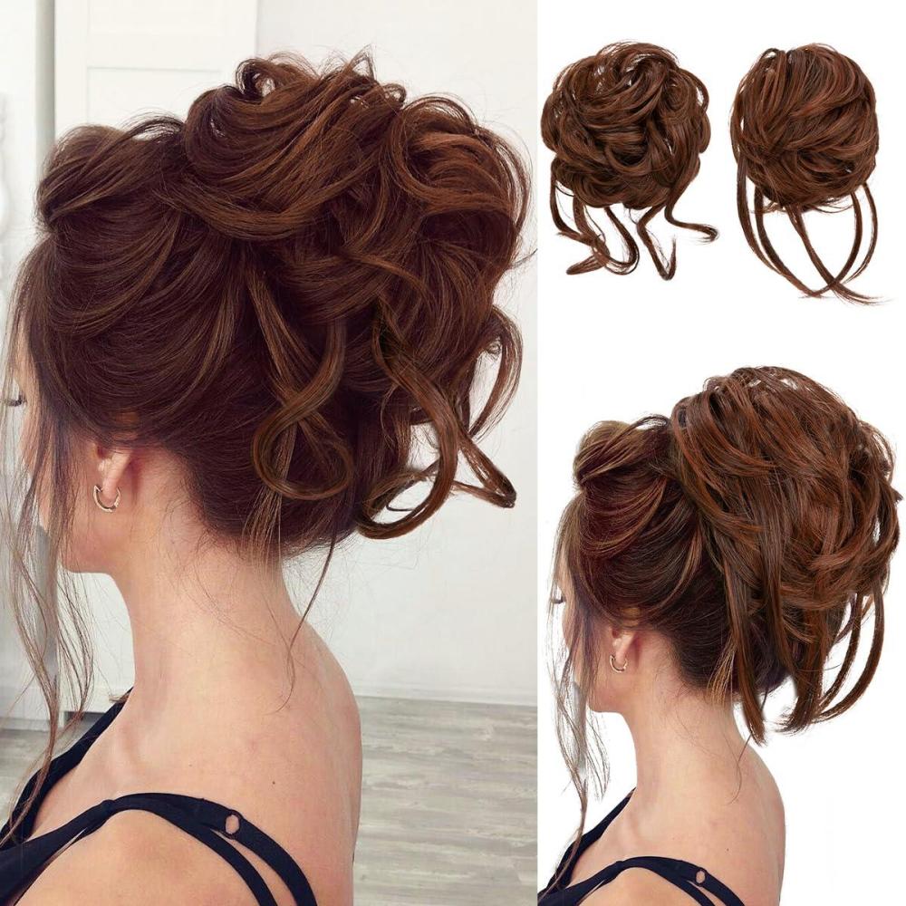 imageSARLA 2PCS Blonde Messy Bun Hair Pieces for Women Detachable Claw Clip Wavy Curly Synthetic Hairpieces for Updos with Tendrils Fake Scrunchies Ponytail Extension Dirty Blonde2PCSRed VinoNo Clip