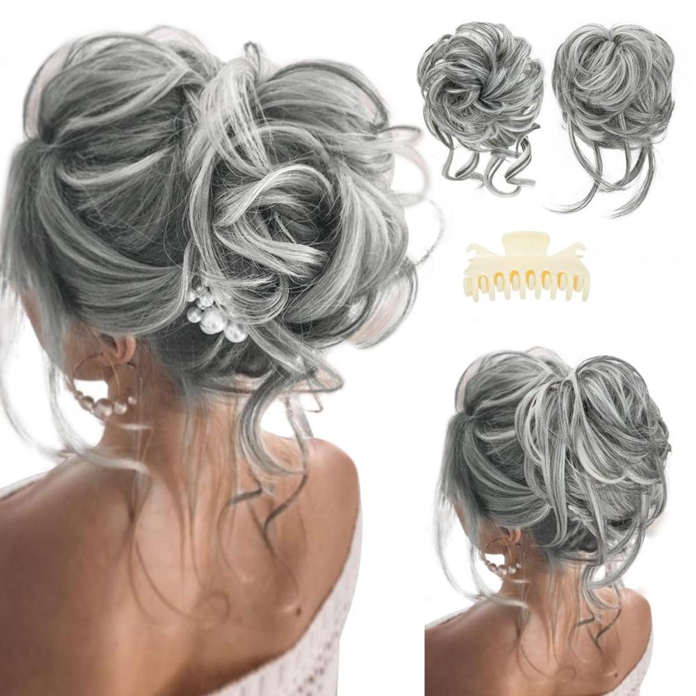 imageSARLA 2PCS Blonde Messy Bun Hair Pieces for Women Detachable Claw Clip Wavy Curly Synthetic Hairpieces for Updos with Tendrils Fake Scrunchies Ponytail Extension Dirty Blonde2PCSDark Grey