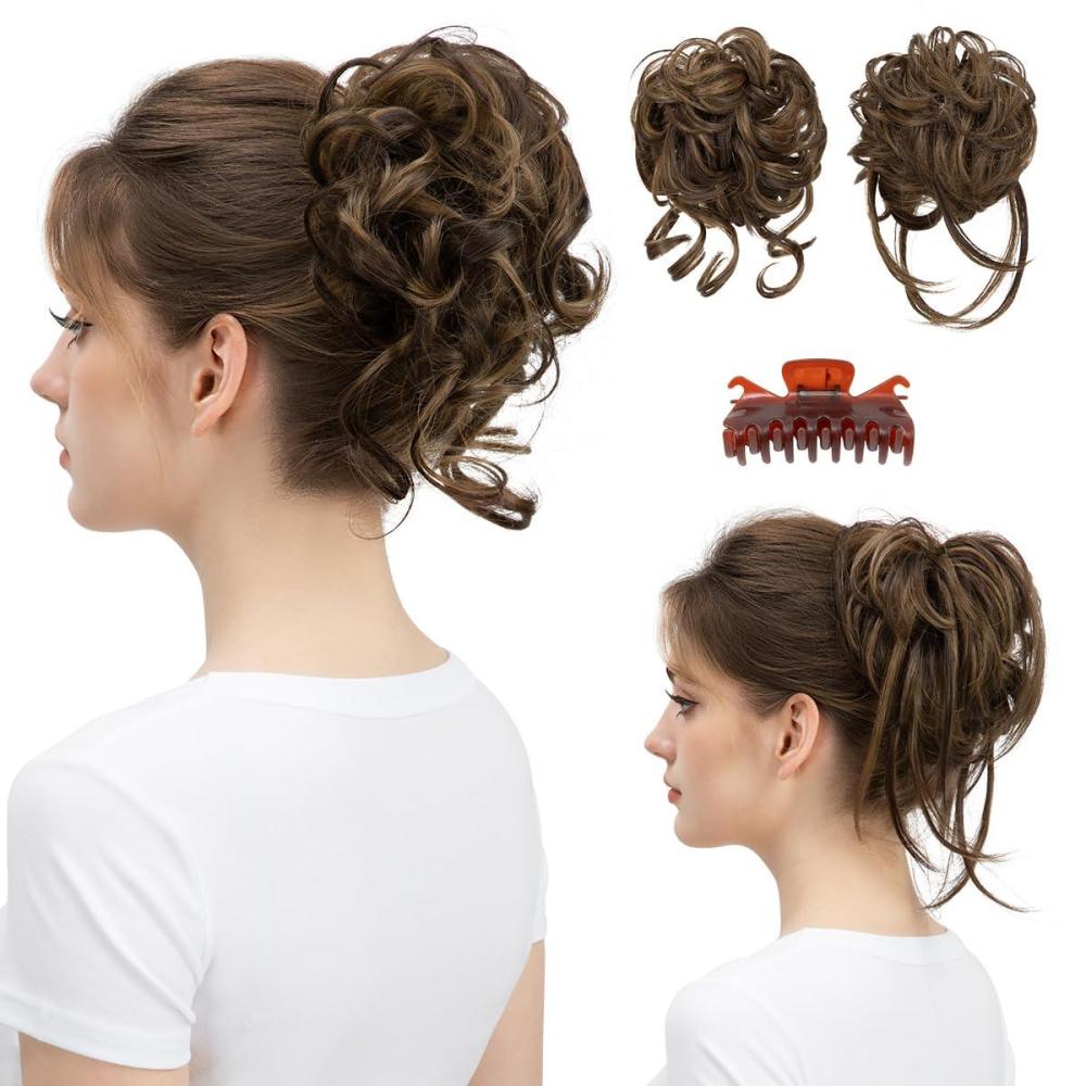 imageSARLA 2PCS Blonde Messy Bun Hair Pieces for Women Detachable Claw Clip Wavy Curly Synthetic Hairpieces for Updos with Tendrils Fake Scrunchies Ponytail Extension Dirty Blonde2PCSCoffee Brown