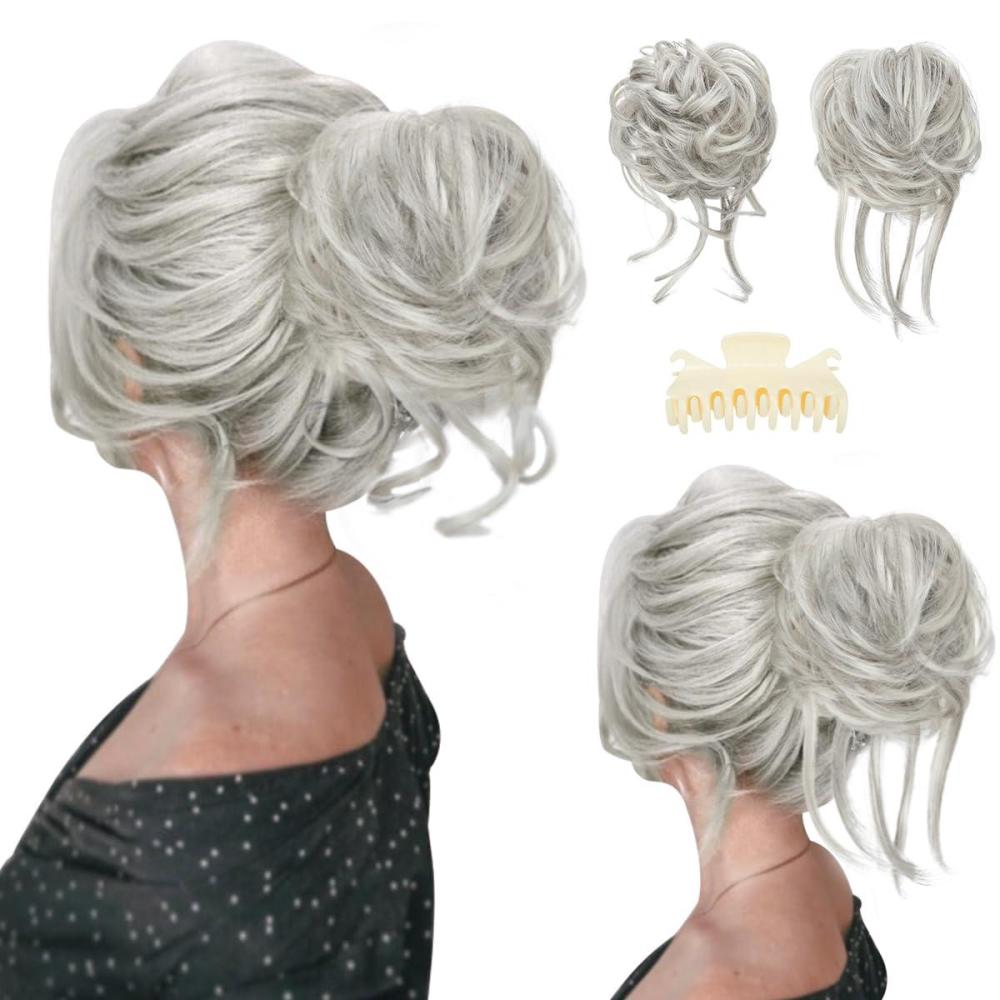 imageSARLA 2PCS Blonde Messy Bun Hair Pieces for Women Detachable Claw Clip Wavy Curly Synthetic Hairpieces for Updos with Tendrils Fake Scrunchies Ponytail Extension Dirty Blonde2PCSGrey Multi