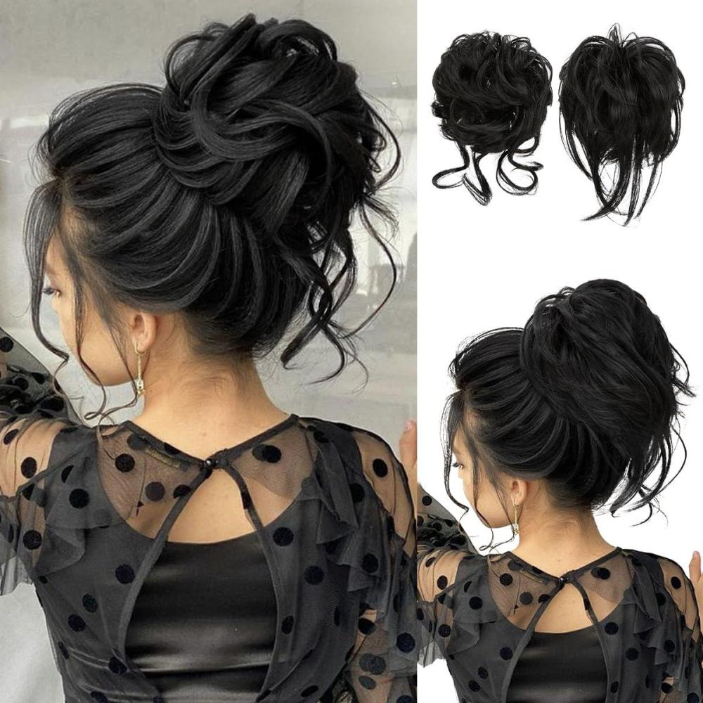 imageSARLA 2PCS Blonde Messy Bun Hair Pieces for Women Detachable Claw Clip Wavy Curly Synthetic Hairpieces for Updos with Tendrils Fake Scrunchies Ponytail Extension Dirty Blonde2PCSBlackNo Clip