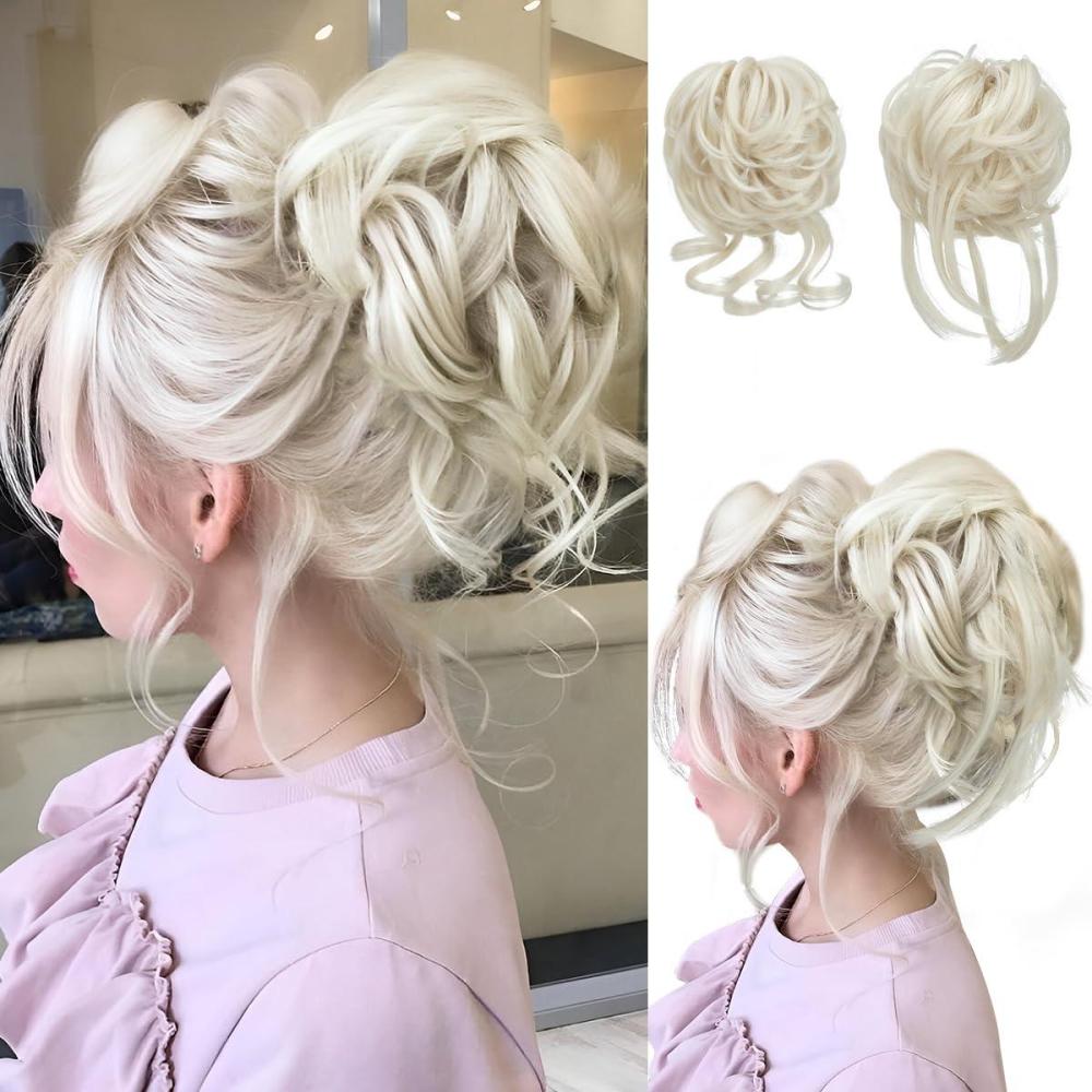 imageSARLA 2PCS Blonde Messy Bun Hair Pieces for Women Detachable Claw Clip Wavy Curly Synthetic Hairpieces for Updos with Tendrils Fake Scrunchies Ponytail Extension Dirty Blonde2PCSPlatin BlondeNo Clip