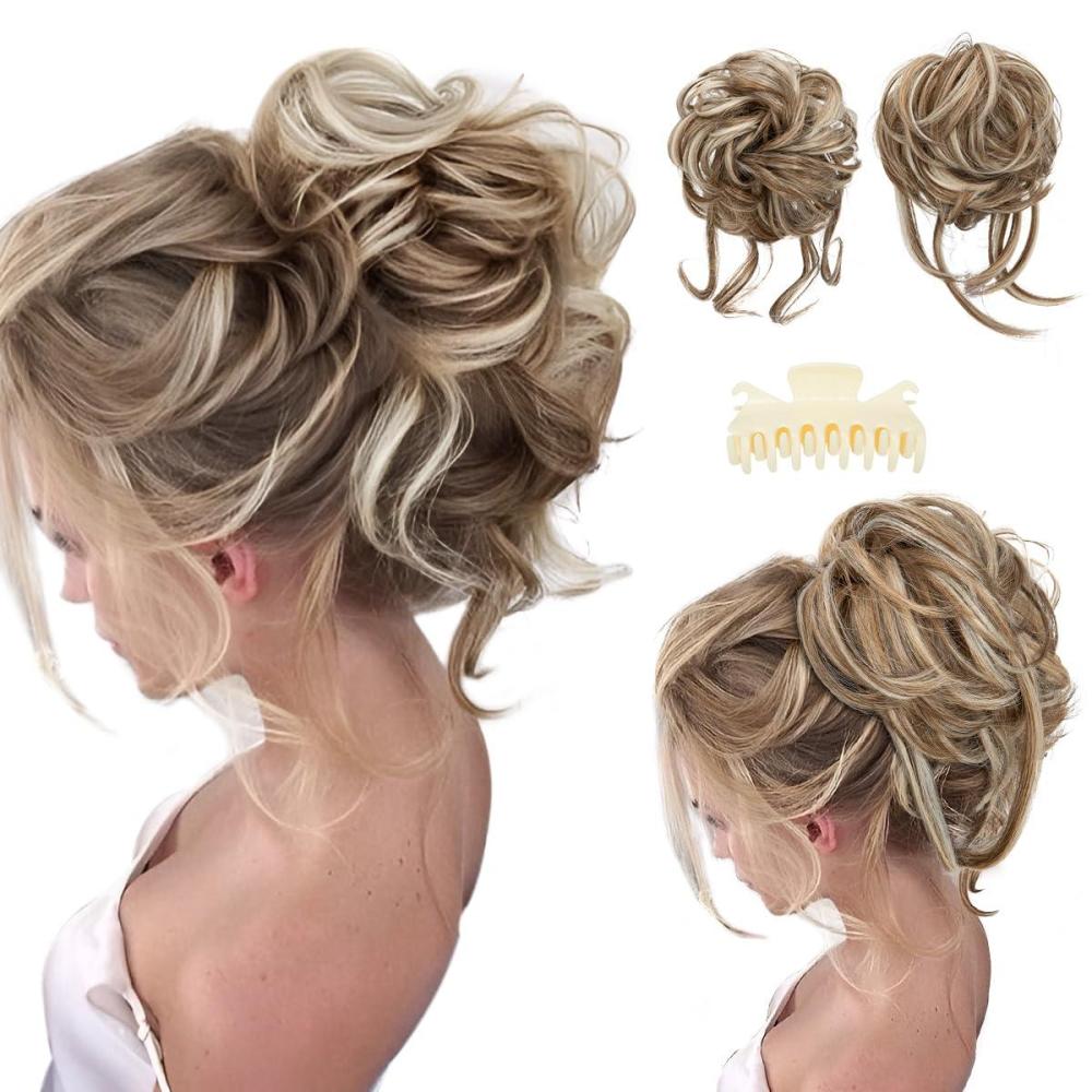 imageSARLA 2PCS Blonde Messy Bun Hair Pieces for Women Detachable Claw Clip Wavy Curly Synthetic Hairpieces for Updos with Tendrils Fake Scrunchies Ponytail Extension Dirty Blonde2PCSBeige Multi