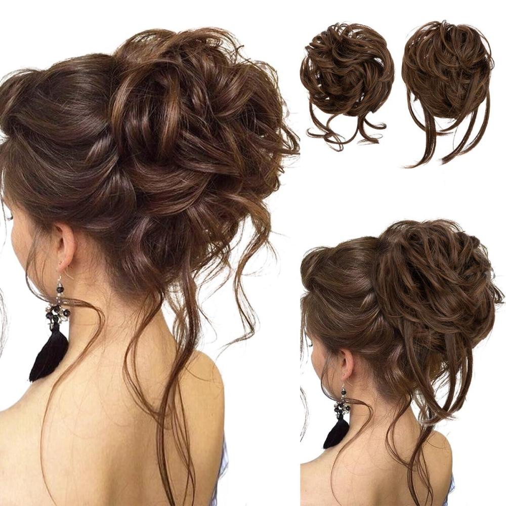 imageSARLA 2PCS Blonde Messy Bun Hair Pieces for Women Detachable Claw Clip Wavy Curly Synthetic Hairpieces for Updos with Tendrils Fake Scrunchies Ponytail Extension Dirty Blonde2PCSChocolate MultiNo Clip