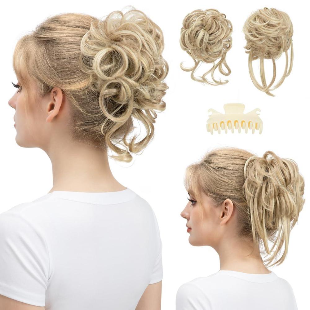 imageSARLA 2PCS Blonde Messy Bun Hair Pieces for Women Detachable Claw Clip Wavy Curly Synthetic Hairpieces for Updos with Tendrils Fake Scrunchies Ponytail Extension Dirty Blonde2PCSDirty Blonde