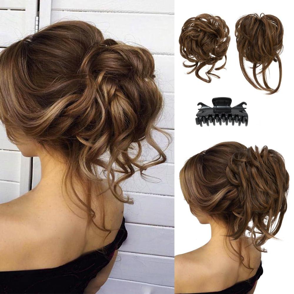 imageSARLA 2PCS Blonde Messy Bun Hair Pieces for Women Detachable Claw Clip Wavy Curly Synthetic Hairpieces for Updos with Tendrils Fake Scrunchies Ponytail Extension Dirty Blonde2PCSChocolate