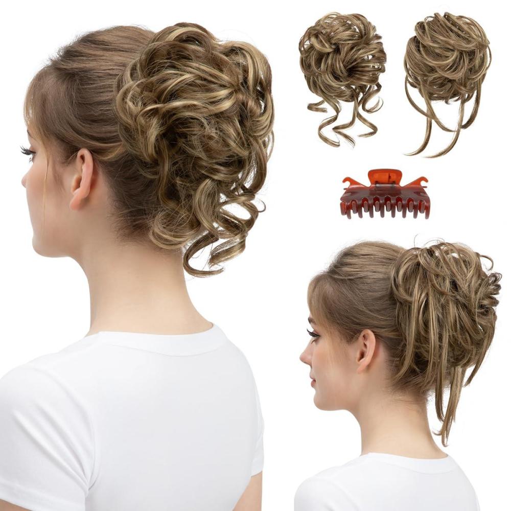 imageSARLA 2PCS Blonde Messy Bun Hair Pieces for Women Detachable Claw Clip Wavy Curly Synthetic Hairpieces for Updos with Tendrils Fake Scrunchies Ponytail Extension Dirty Blonde2PCSBrunette Ash Blonde