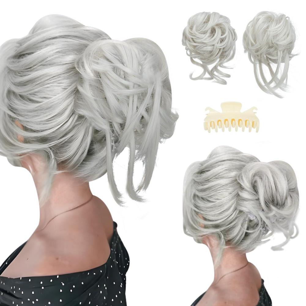 imageSARLA 2PCS Blonde Messy Bun Hair Pieces for Women Detachable Claw Clip Wavy Curly Synthetic Hairpieces for Updos with Tendrils Fake Scrunchies Ponytail Extension Dirty Blonde2PCSWhite