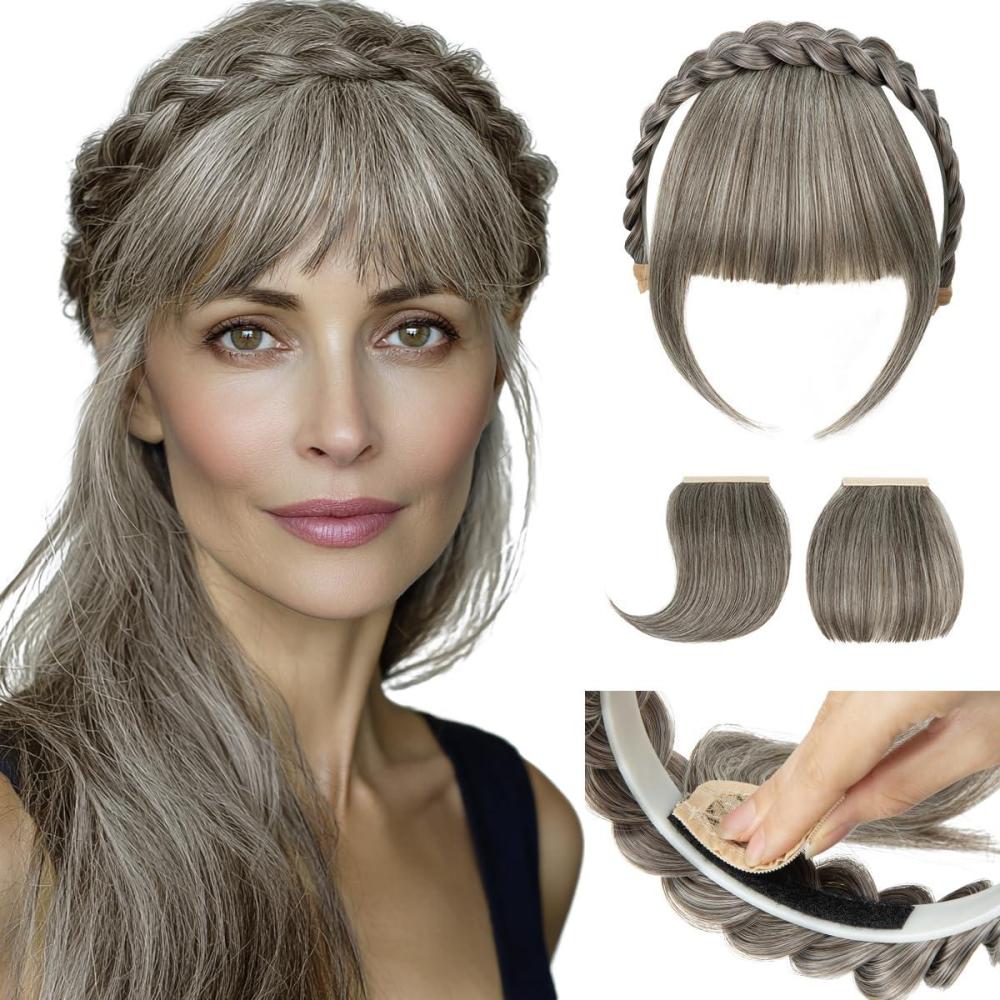 imageSARLA Braided Headband with 3 Detachable Clip in Bangs Fringe Hairpieces Fake Synthetic Hair Band Bangs for Women Coffee BrownAsh Grey
