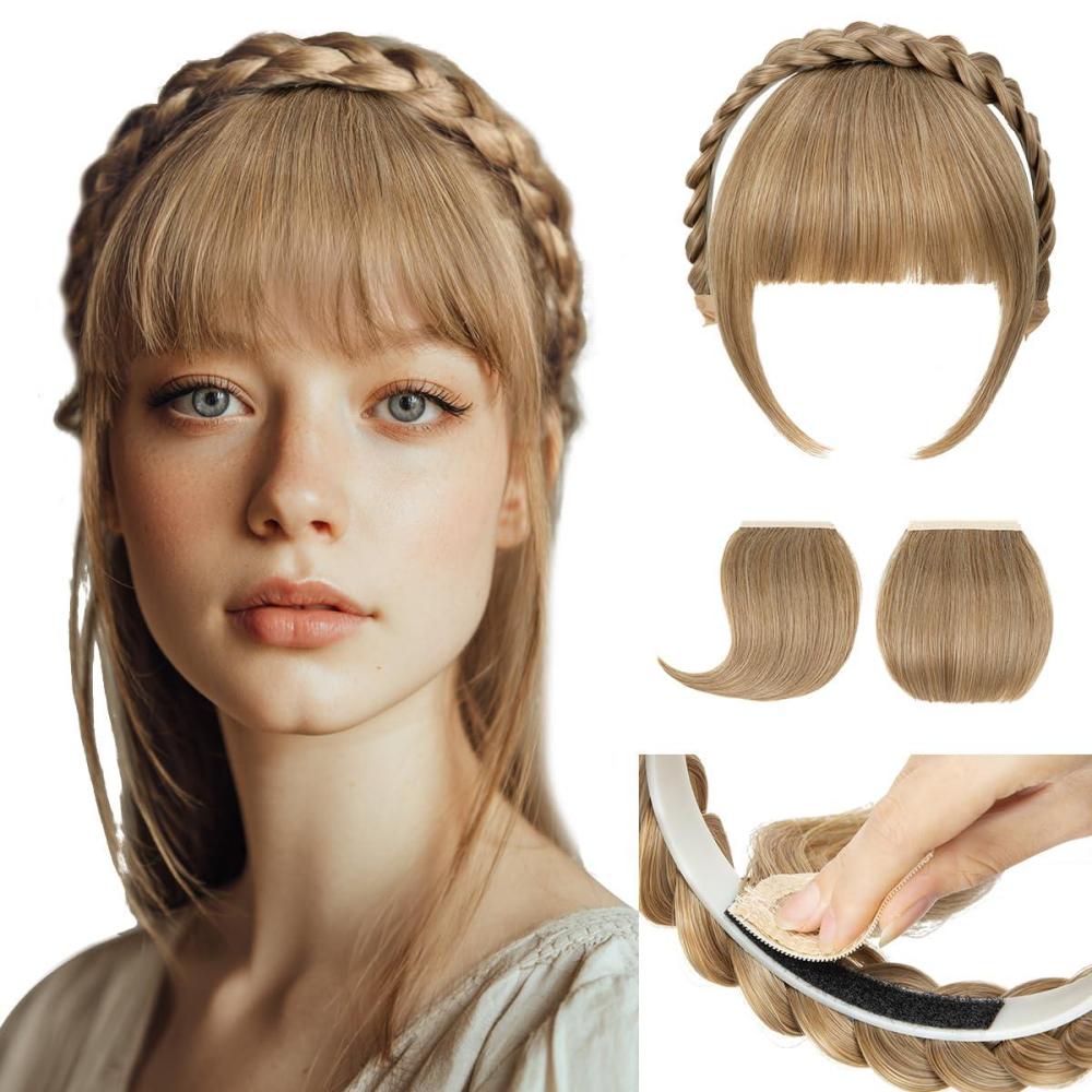 imageSARLA Braided Headband with 3 Detachable Clip in Bangs Fringe Hairpieces Fake Synthetic Hair Band Bangs for Women Coffee BrownBernstein Multi