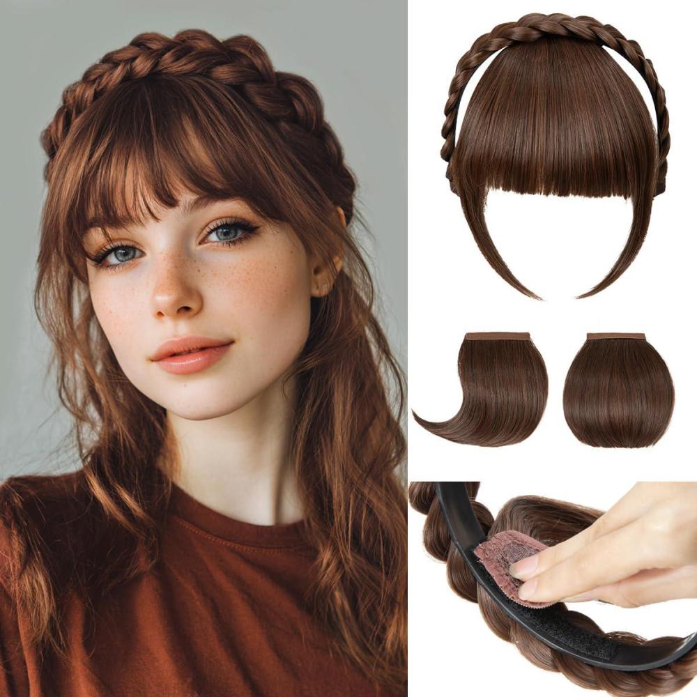 imageSARLA Braided Headband with 3 Detachable Clip in Bangs Fringe Hairpieces Fake Synthetic Hair Band Bangs for Women Coffee BrownChocolate Multi