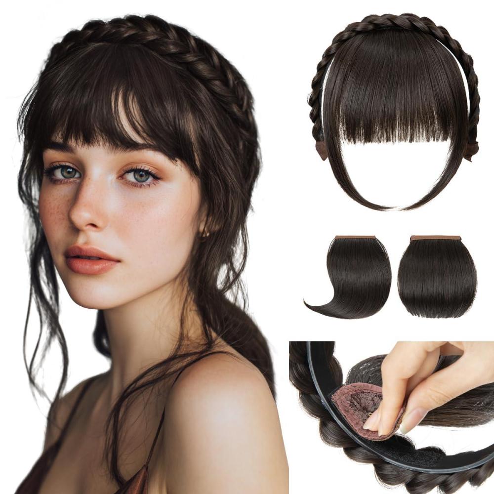 imageSARLA Braided Headband with 3 Detachable Clip in Bangs Fringe Hairpieces Fake Synthetic Hair Band Bangs for Women Coffee BrownDark Brown
