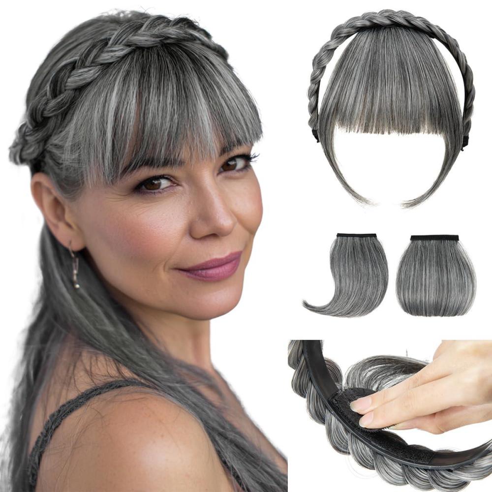 imageSARLA Braided Headband with 3 Detachable Clip in Bangs Fringe Hairpieces Fake Synthetic Hair Band Bangs for Women Coffee BrownDark Grey