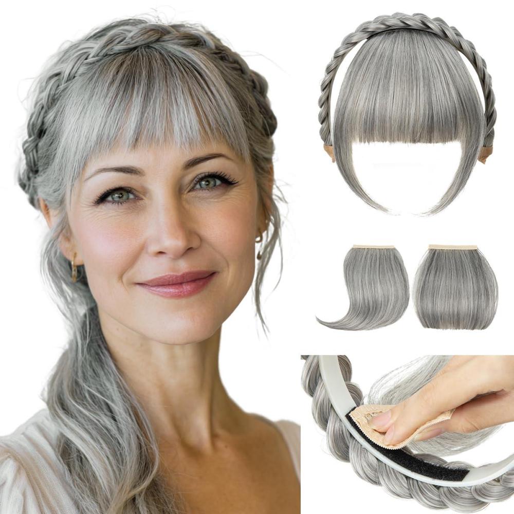 imageSARLA Braided Headband with 3 Detachable Clip in Bangs Fringe Hairpieces Fake Synthetic Hair Band Bangs for Women Coffee BrownGrey Multi