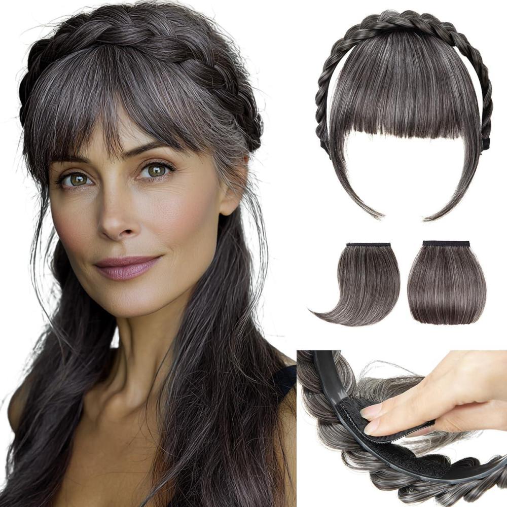 imageSARLA Braided Headband with 3 Detachable Clip in Bangs Fringe Hairpieces Fake Synthetic Hair Band Bangs for Women Coffee BrownPepper Grey