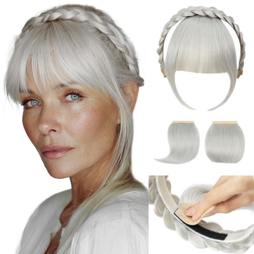 imageSARLA Braided Headband with 3 Detachable Clip in Bangs Fringe Hairpieces Fake Synthetic Hair Band Bangs for Women Coffee BrownWhite