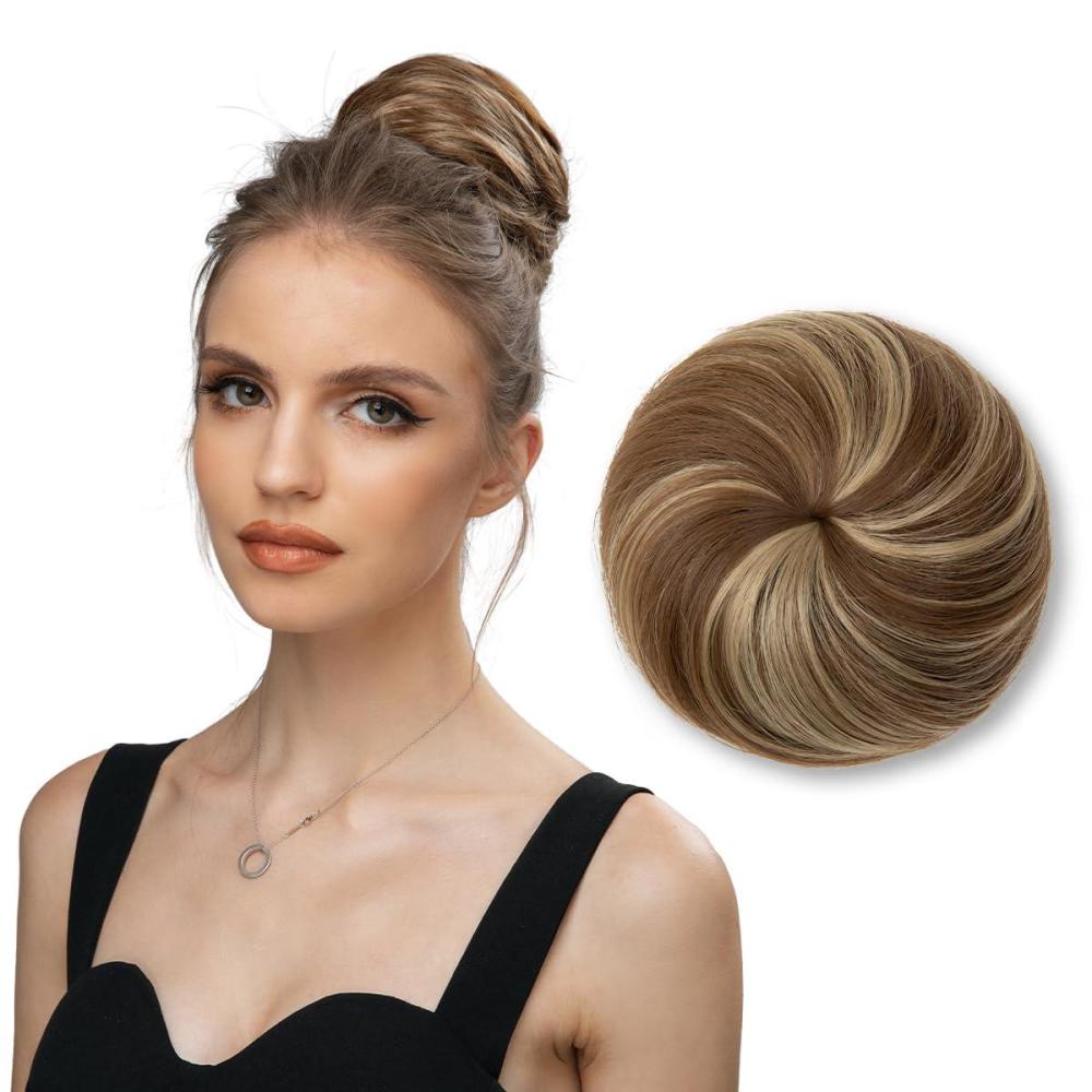 imageSARLA Dark Brown Hair Buns Extension Drawstring Updo Donut Chignon Straight Synthetic Fake Ballet Bun for Women Lady 1 PcsAsh Medium BrownAsh Blonde