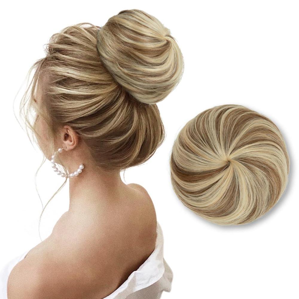 imageSARLA Dark Brown Hair Buns Extension Drawstring Updo Donut Chignon Straight Synthetic Fake Ballet Bun for Women Lady 1 PcsBahama Beige