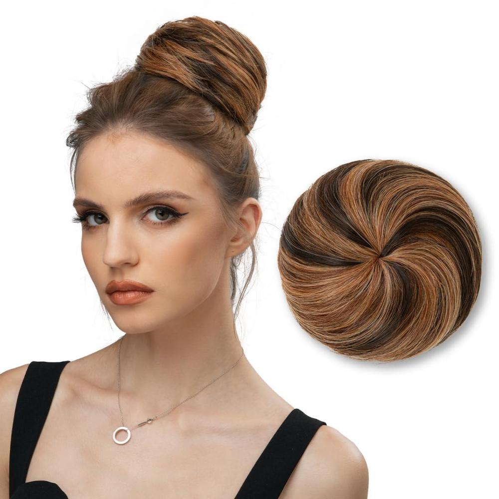 imageSARLA Dark Brown Hair Buns Extension Drawstring Updo Donut Chignon Straight Synthetic Fake Ballet Bun for Women Lady 1 PcsChestnut