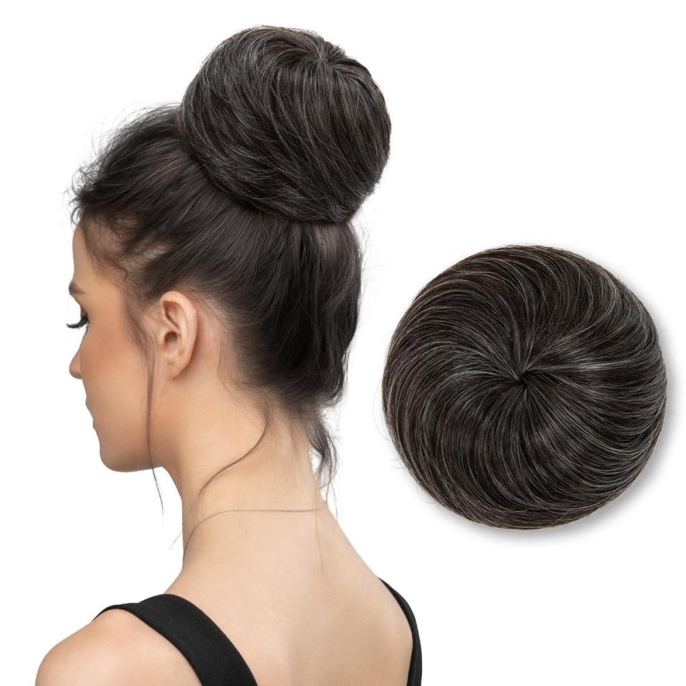 imageSARLA Dark Brown Hair Buns Extension Drawstring Updo Donut Chignon Straight Synthetic Fake Ballet Bun for Women Lady 1 PcsPepper Grey