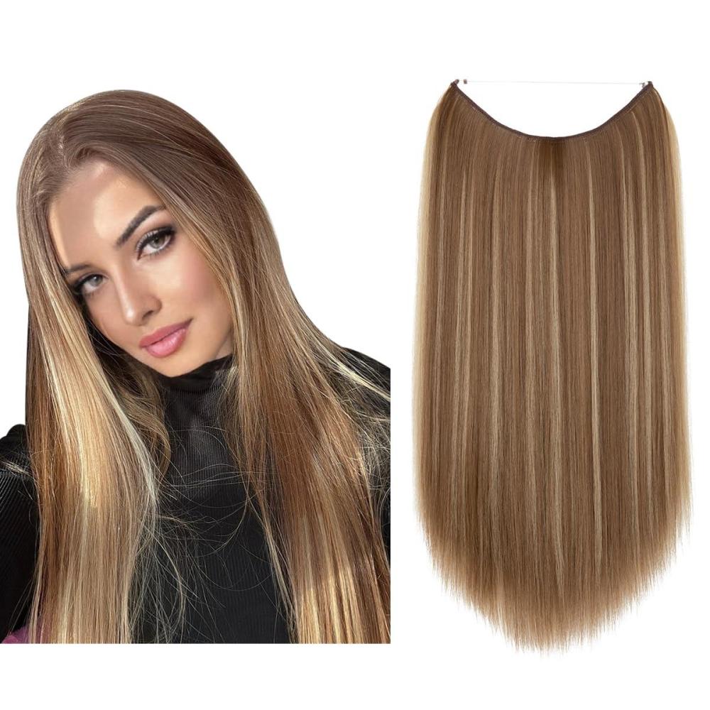 imageSARLA Invisible Wire Hair Extensions Straight Long Synthetic Hairpieces 22 Inch Adjustable Transparent Headband for Women Dirty BlondeAsh Medium BrownAsh Blonde