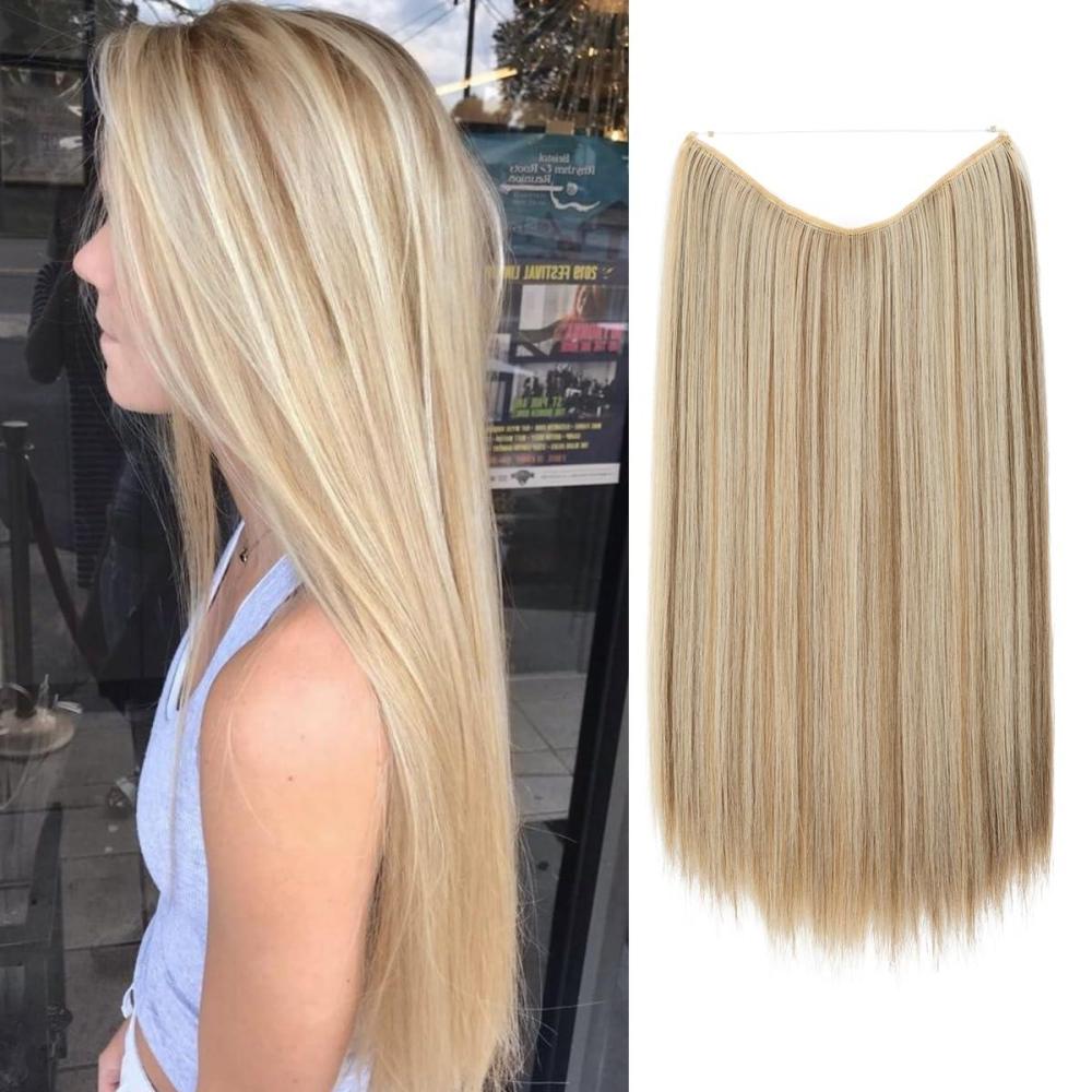 imageSARLA Invisible Wire Hair Extensions Straight Long Synthetic Hairpieces 22 Inch Adjustable Transparent Headband for Women Dirty BlondeBahama Beige