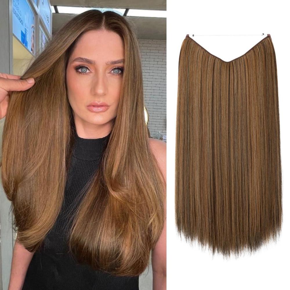 imageSARLA Invisible Wire Hair Extensions Straight Long Synthetic Hairpieces 22 Inch Adjustable Transparent Headband for Women Dirty BlondeChestnut