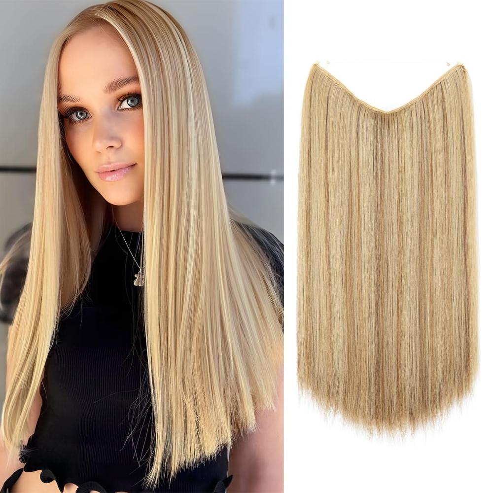imageSARLA Invisible Wire Hair Extensions Straight Long Synthetic Hairpieces 22 Inch Adjustable Transparent Headband for Women Dirty BlondeSahara Beige