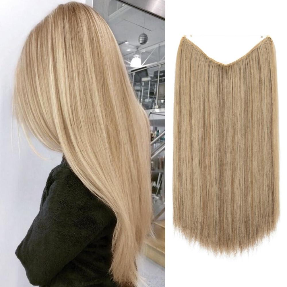 imageSARLA Invisible Wire Hair Extensions Straight Long Synthetic Hairpieces 22 Inch Adjustable Transparent Headband for Women Dirty BlondeSand