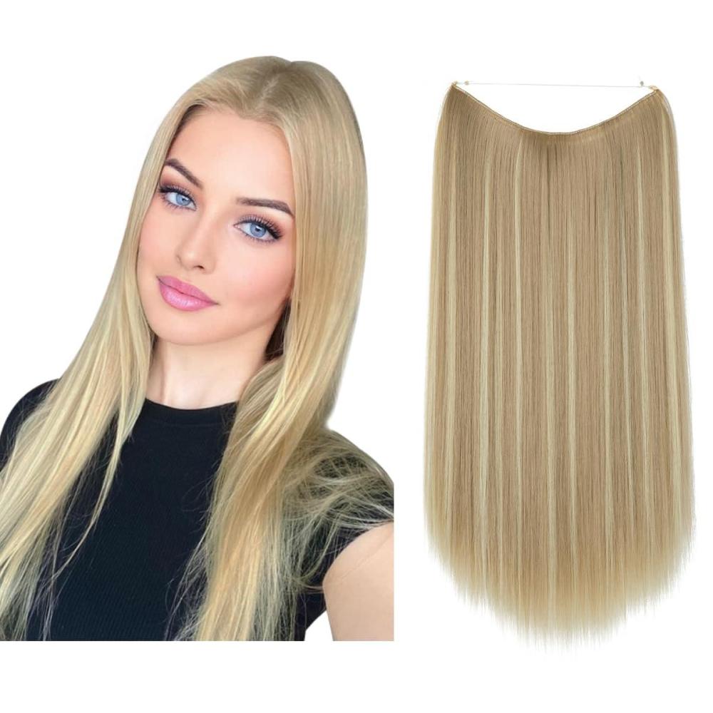 imageSARLA Invisible Wire Hair Extensions Straight Long Synthetic Hairpieces 22 Inch Adjustable Transparent Headband for Women Dirty BlondeStraightDirty Blonde