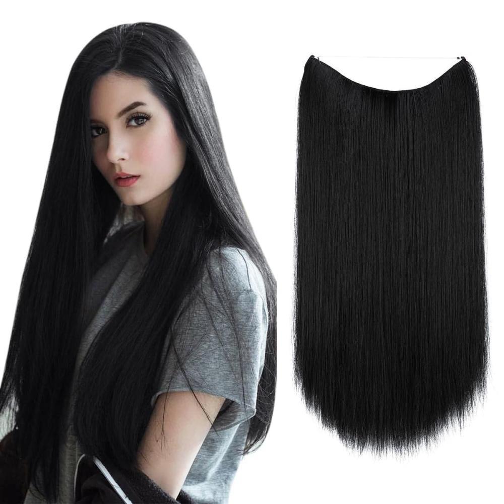 imageSARLA Invisible Wire Hair Extensions Straight Long Synthetic Hairpieces 22 Inch Adjustable Transparent Headband for Women Dirty BlondeStraightJet Black