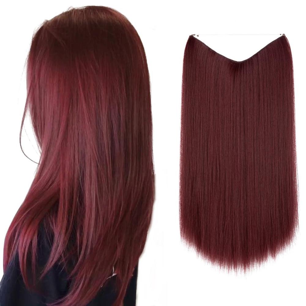 imageSARLA Invisible Wire Hair Extensions Straight Long Synthetic Hairpieces 22 Inch Adjustable Transparent Headband for Women Dirty BlondeStraightWine Red