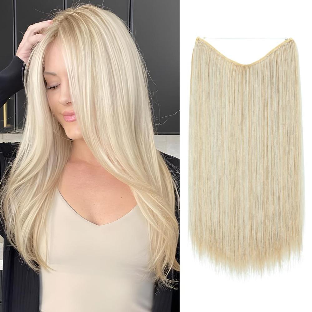 imageSARLA Invisible Wire Hair Extensions Straight Long Synthetic Hairpieces 22 Inch Adjustable Transparent Headband for Women Dirty BlondeSunny Blonde