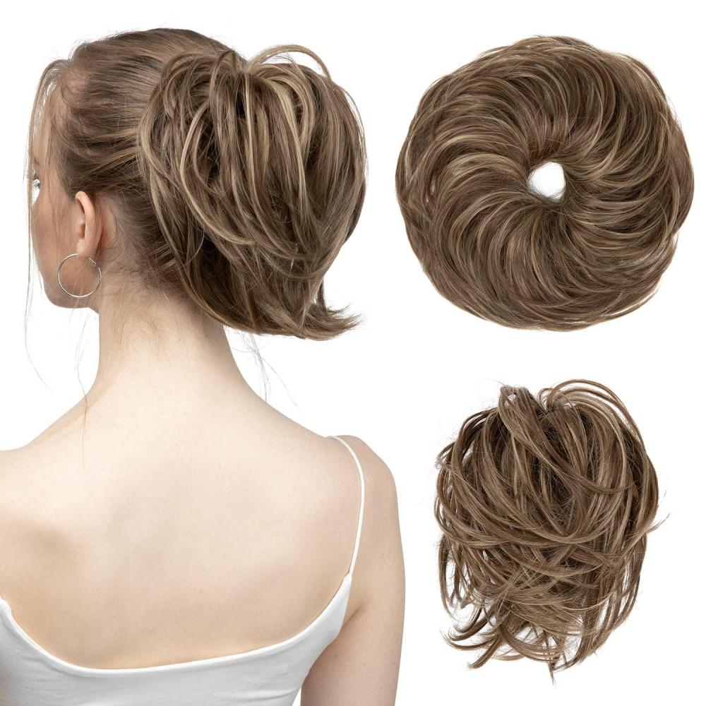 imageSARLA Messy Hair Bun Hair Pieces Curly Synthetic Updo Fake Scrunchies Ponytail Extension for Women Dirty Blonde 1PCS1PCBrunette Ash Blonde