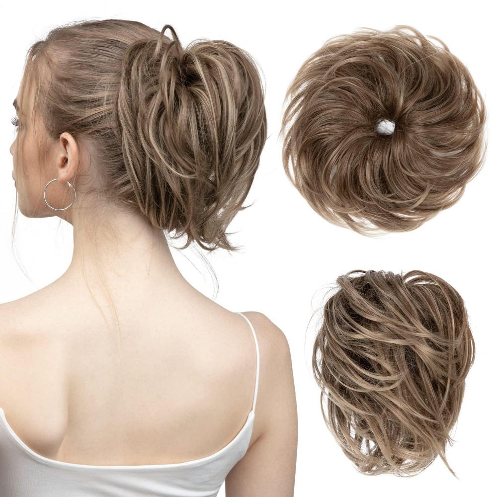 imageSARLA Messy Hair Bun Hair Pieces Curly Synthetic Updo Fake Scrunchies Ponytail Extension for Women Dirty Blonde 1PCS1PCBrunette and Ash Blonde Tips