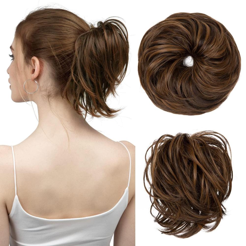 imageSARLA Messy Hair Bun Hair Pieces Curly Synthetic Updo Fake Scrunchies Ponytail Extension for Women Dirty Blonde 1PCS1PCDark Brown Golden Blonde