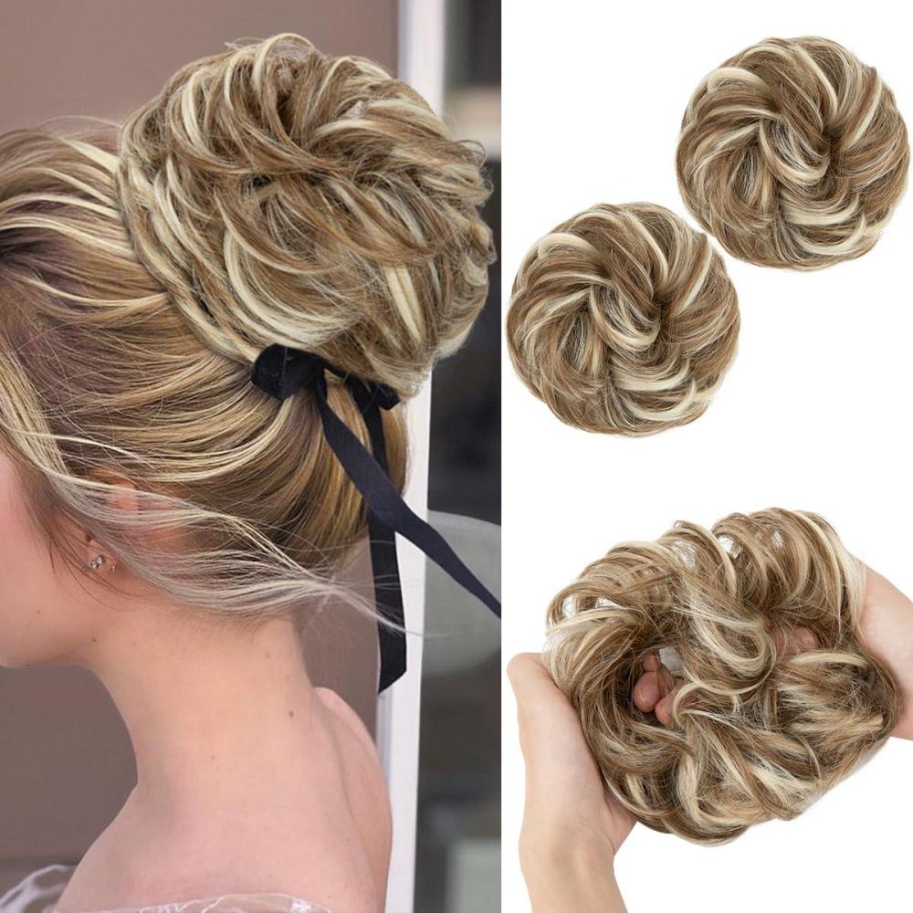 imageSARLA Messy Hair Bun Hair Pieces Curly Synthetic Updo Fake Scrunchies Ponytail Extension for Women Dirty Blonde 1PCS2PCSBahama Beige