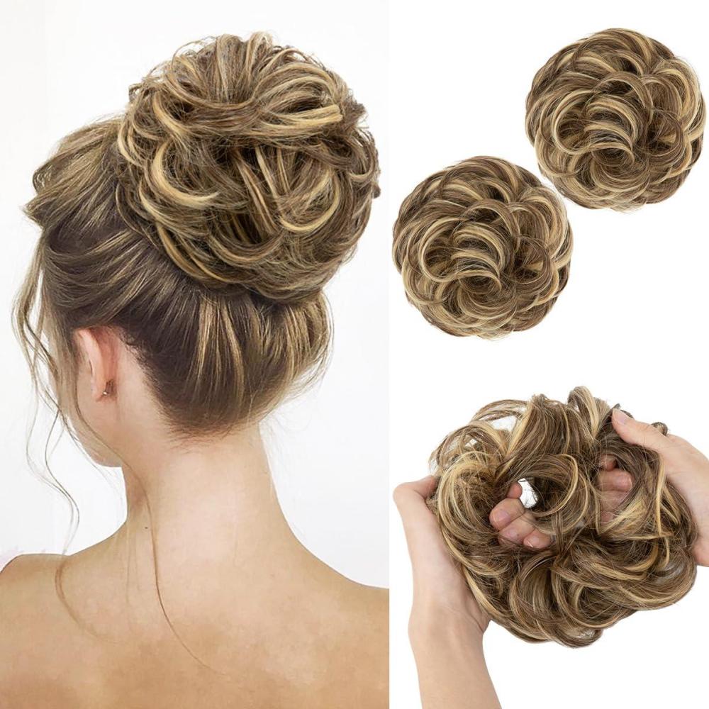 imageSARLA Messy Hair Bun Hair Pieces Curly Synthetic Updo Fake Scrunchies Ponytail Extension for Women Dirty Blonde 1PCS2PCSBernstein Multi