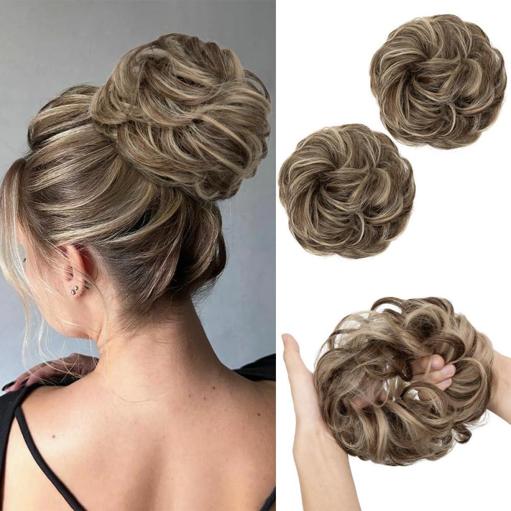 imageSARLA Messy Hair Bun Hair Pieces Curly Synthetic Updo Fake Scrunchies Ponytail Extension for Women Dirty Blonde 1PCS2PCSBrunette Blonde Multi